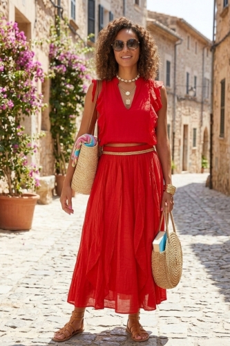 Belfiore spódnica maxi czerwona boho z falbanami i kieszeniami styl wakacyjny