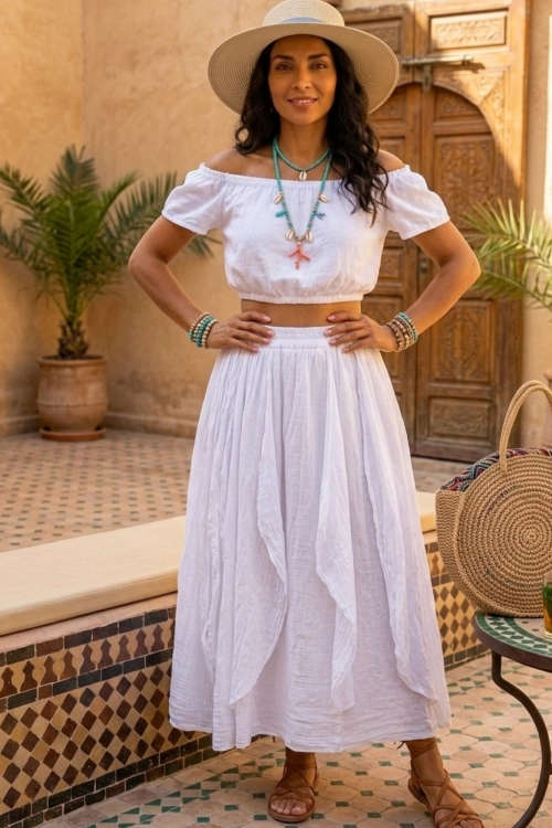 Spódnica damska maxi biała Belfiore bawełniana z gumką i falbanami boho