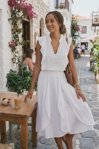 Belfiore spódnica maxi biała boho z falbanami i kieszeniami styl wakacyjny