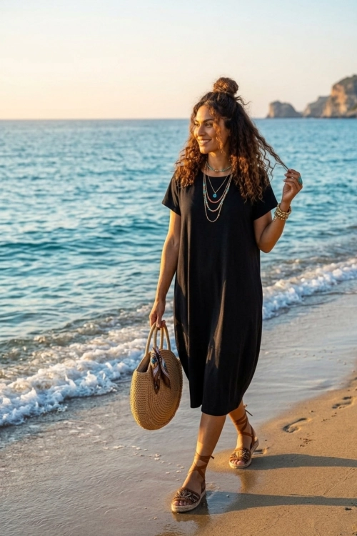 Sukienka midi czarna oversize plus size z kieszeniami i okrągłym dekoltem Valdaora