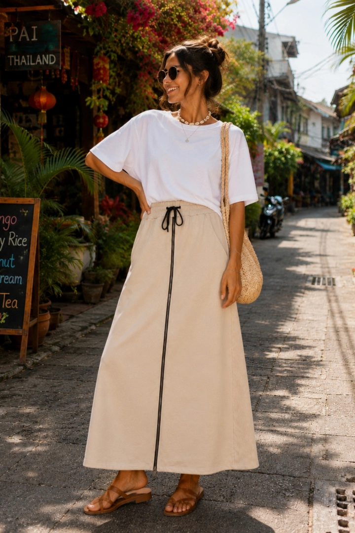 Spódnica damska midi beżowa Fossatello z kieszeniami elastyczna talia i dekoracyjny suwak boho styl