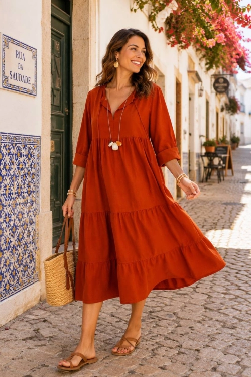 Sukienka midi ruda boho Montefortino luźna z falbanami