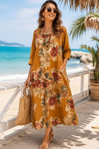 Sukienka maxi camelowa w kwiaty Ruggiano boho bawełniana z wiązaniem w pasie i rękawem 3/4