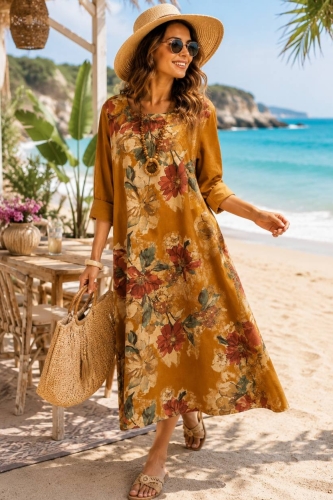 Camelowa sukienka maxi w kwiaty Ruggiano boho styl bawełniana z wiązaniem w talii