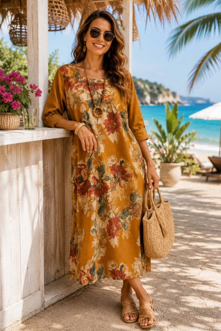 Sukienka maxi w kwiaty camelowa Ruggiano boho styl z paskiem w pasie i naturalnym wykończeniem