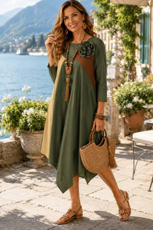 Sukienka damska midi khaki Fiastrone z kwiatem 3D asymetryczna elegancka forma letnia