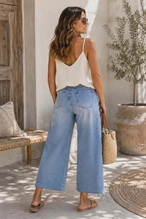 Jeansy wide leg denim blue Favria z przetarciami i modnymi rozcięciami w kroju premium