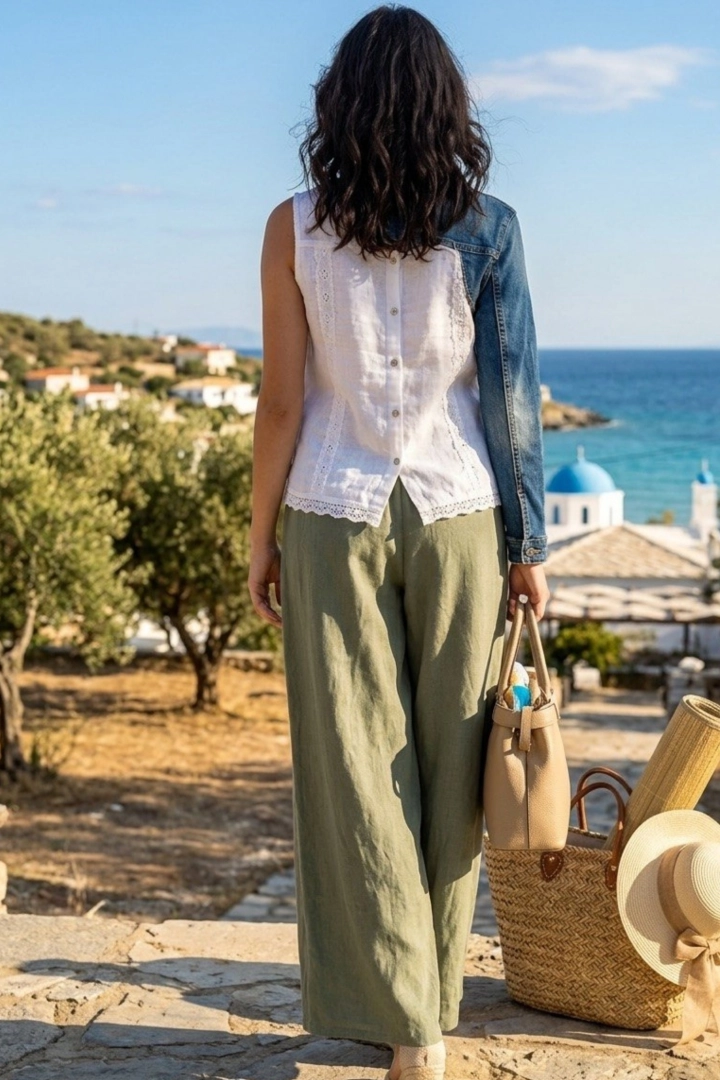 Khaki spodnie wide leg Cantaluzo z kieszeniami
