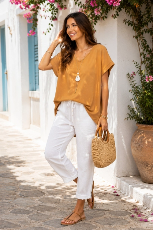 Camelowa tunika oversize Palmoria V neck asymetryczna luźny fason