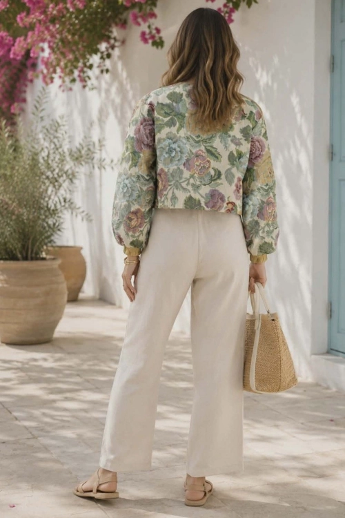 Narzutka Algund kwiatowa żakardowa beżowo zielona casual elegancka