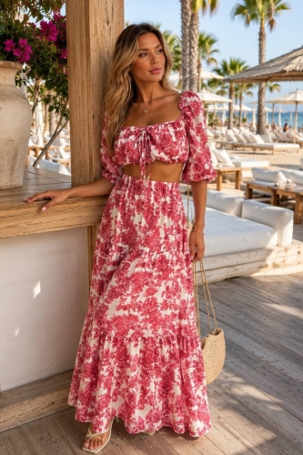 Pralormo komplet damski czerwony w kwiaty maxi z crop topem i spódnicą w stylu boho