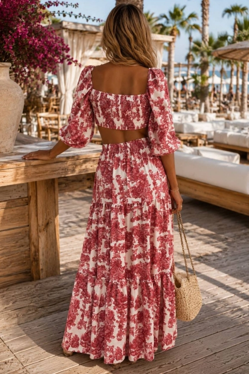 Czerwony komplet Pralormo maxi w kwiatowy print z topem i długą spódnicą boho
