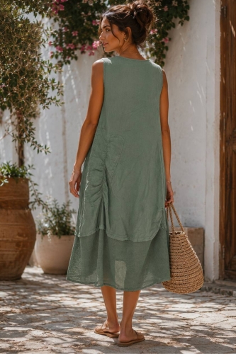 Khaki sukienka lniana midi oversize z ażurowym dołem i kieszeniami Galtelli