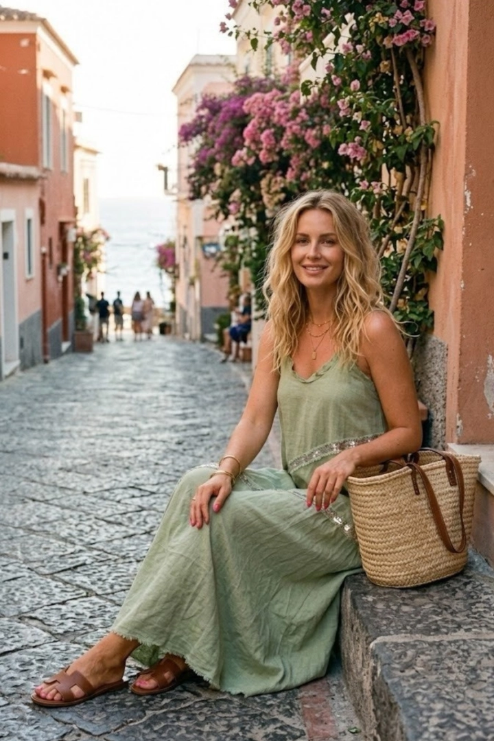 Letnia sukienka khaki maxi z lnem łączy komfort naturalnych włókien z eleganckim wykończeniem