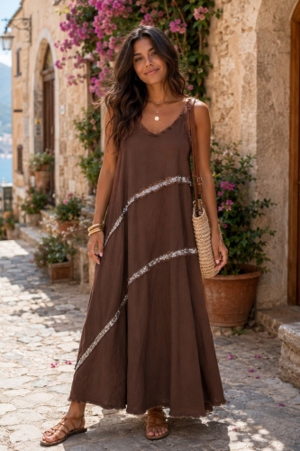 Sukienka boho maxi w kolorze brązowym z naturalnych materiałów
