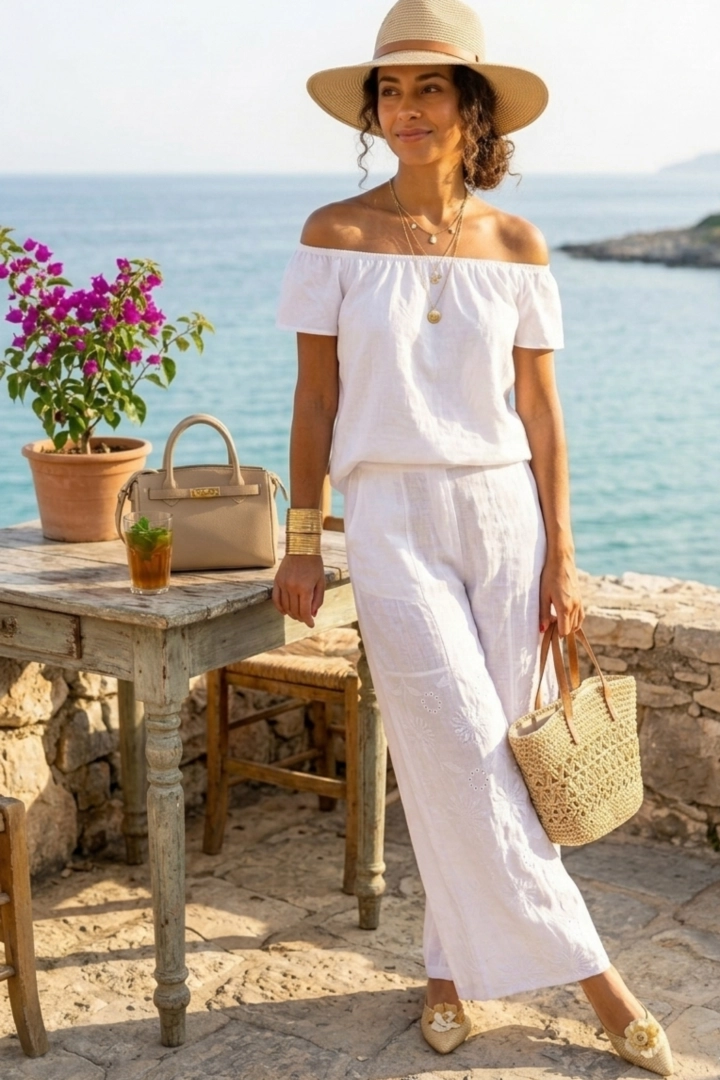 Spodnie lniane palazzo białe z wysokim stanem kieszeniami i haftowanymi kwiatami Albagiara