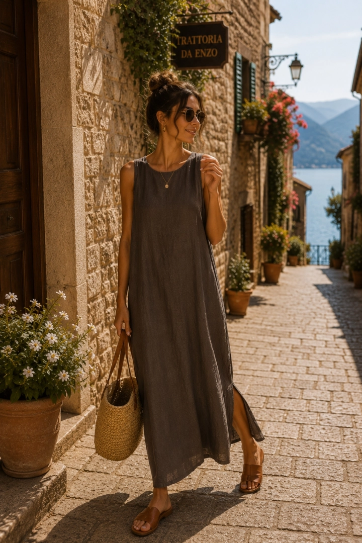 Brązowa sukienka maxi z naturalnego lnu łączy przewiewność, wygodę oraz ponadczasową elegancję