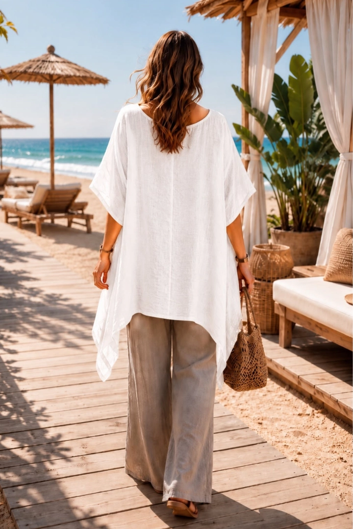 Biała tunika oversize lniana asymetryczna Lamporo krótki rękaw boho styl