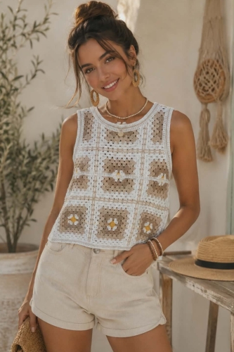 Bluzka damska boho fango szydełkowa ażurowa granny square bez rękawów Galliate