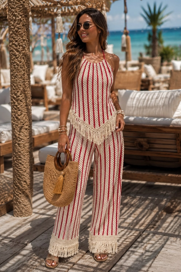 Top damski Buronzo ecru w czerwone paski boho crochet z frędzlami i plecami open back