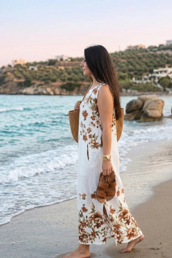 Sukienka biała Altolia maxi szerokie ramiączka kieszenie rozcięcia styl boho