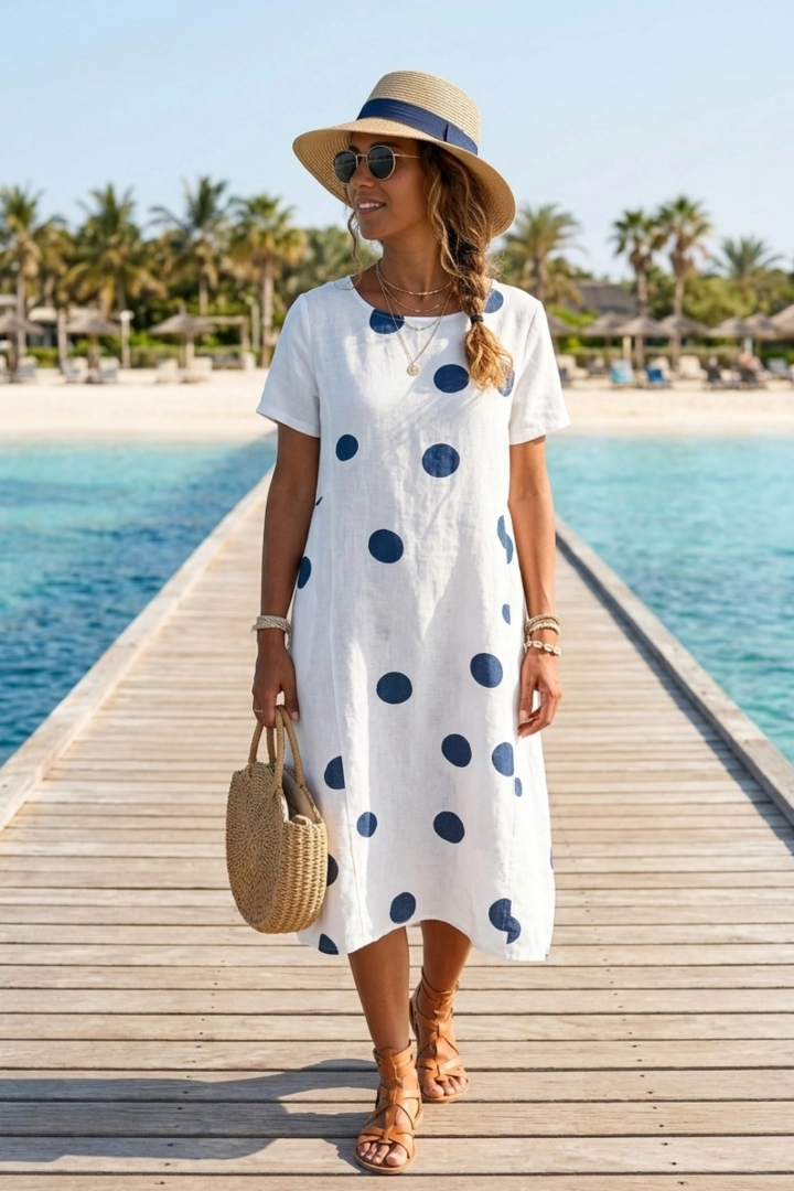 Sukienka Spigno biała midi w grochy polka dots krótki rękaw letnia