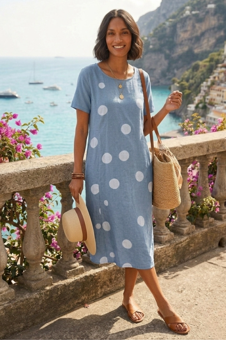 Sukienka Spigno jeansowa midi w grochy polka dots krótki rękaw