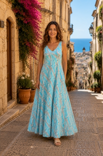 Sukienka damska tiffany blue maxi rozkloszowana na ramiączkach Sparone