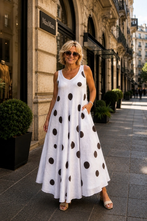 Sukienka lniana biała polka dots maxi cięta ze skosu Strambinello
