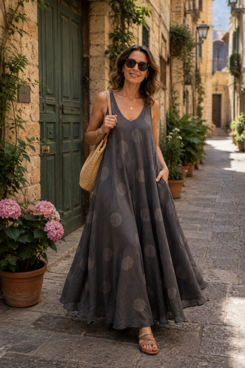 Sukienka lniana brązowa polka dots maxi cięta ze skosu Strambinello