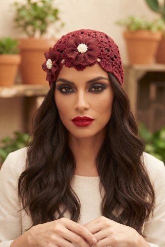 Czapka damska bordowa crochet beanie z ażurowym splotem i kwiatami 3D boho Formigliana