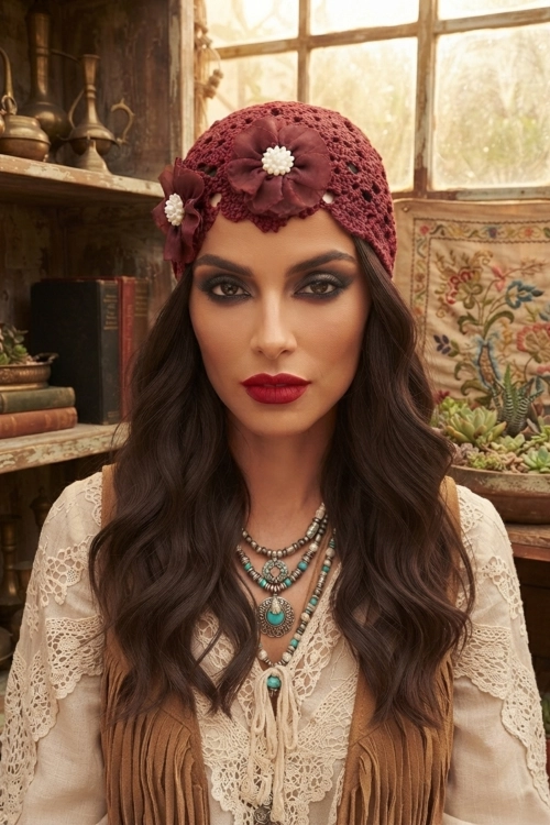 Formigliana czapka damska bordowa beanie crochet z kwiatami 3D w stylu boho