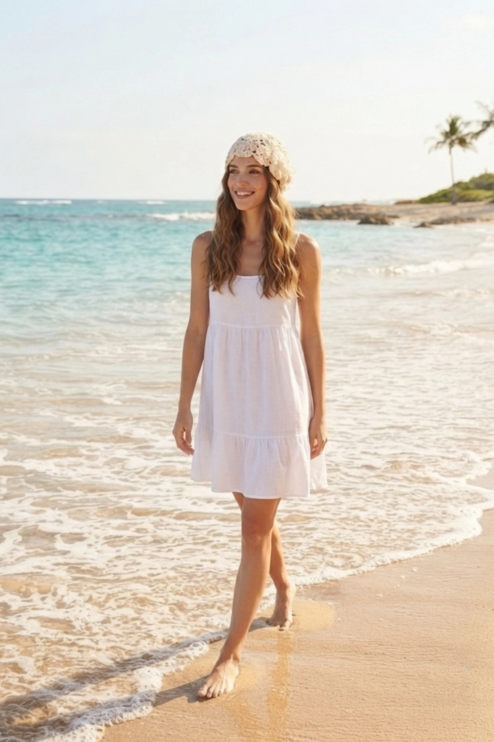Czapka damska boho beżowa jasna z ażurowym splotem crochet beanie Formigliana