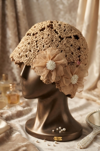 Ciemnobeżowa czapka damska Formigliana crochet beanie z ażurowym splotem i kwiatami 3D