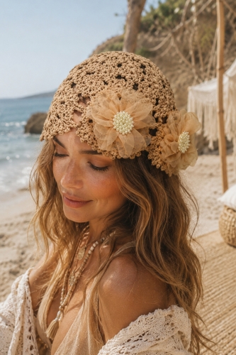 Czapka damska beżowa ciemna crochet beanie z ażurowym splotem i kwiatami 3D boho Formigliana