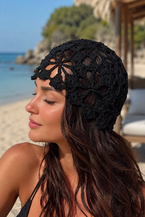 Piode czarna ażurowa czapka damska crochet bonnet w stylu boho