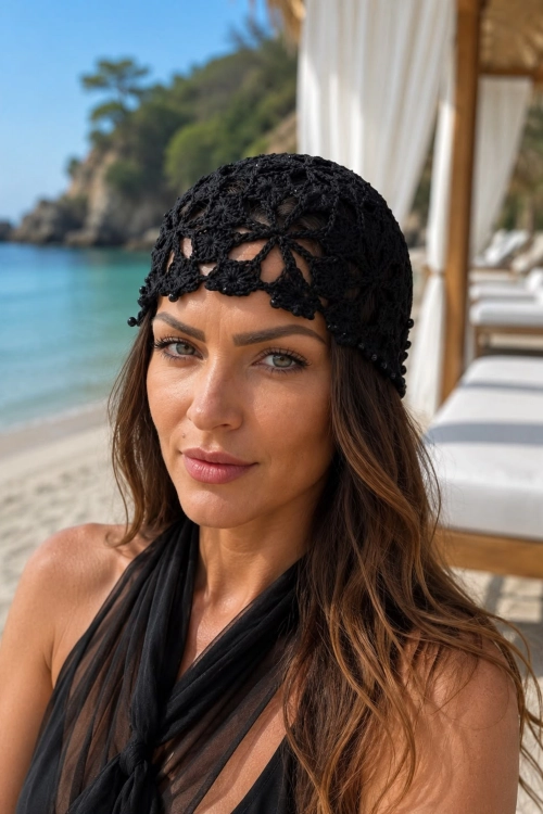 Czapka plażowa damska czarna boho crochet bonnet Piode