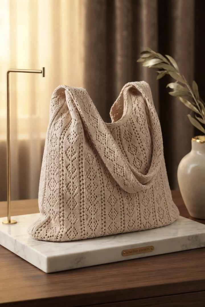 Torebka damska beżowa dzianinowa shopper boho Invorio