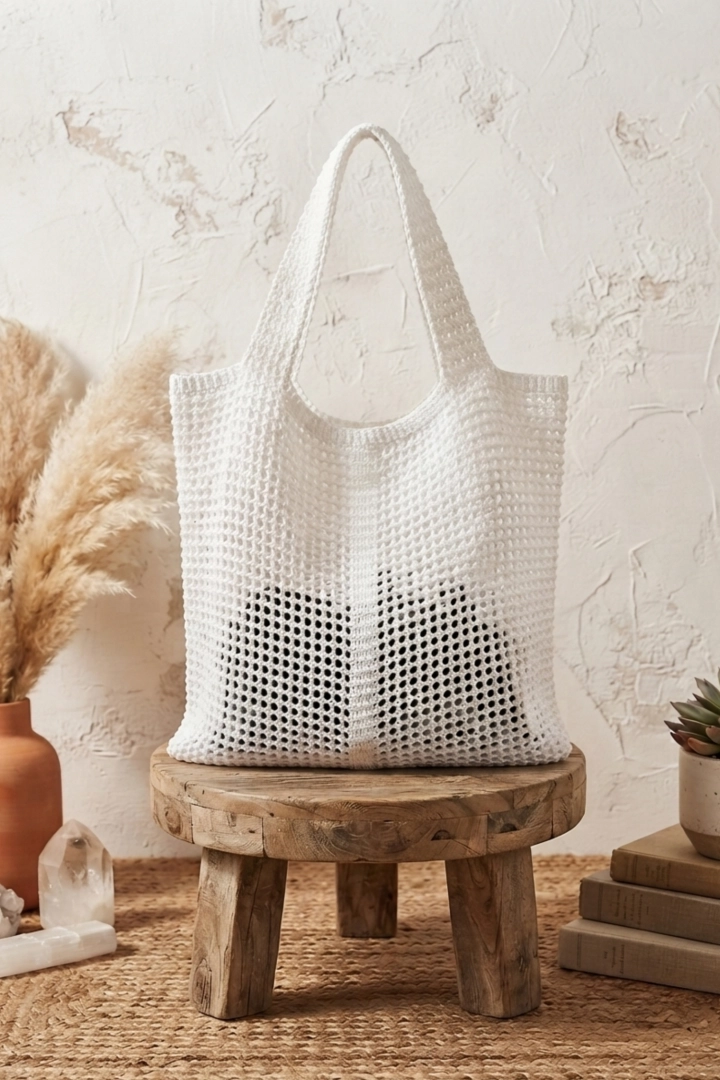Torebka damska biała shopper bag szydełkowa Nebbiuno