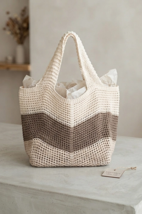 Torebka beż z fango szydełkowa shopper bag boho Nebbiuno