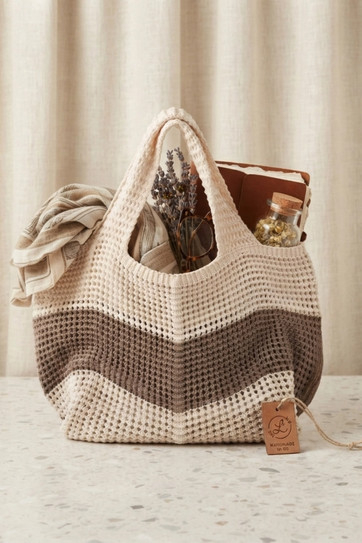 Beżowo-fango torebka damska szydełkowa shopper bag Nebbiuno