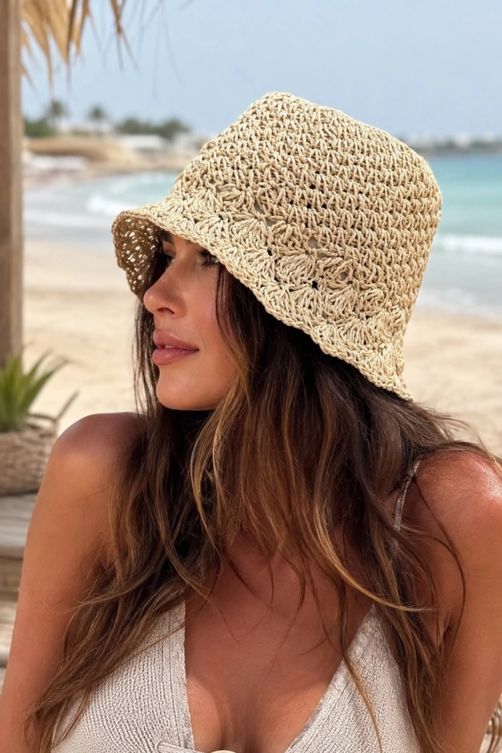 38.Kapelusz damski beżowy szydełkowy bucket hat boho Briaglia