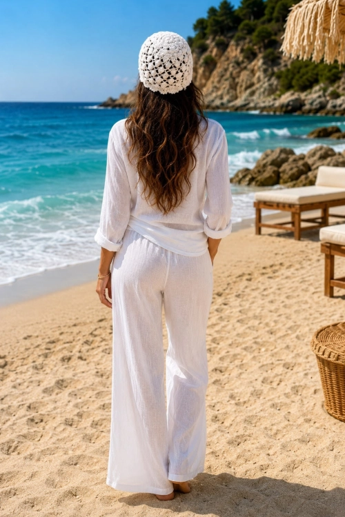 Czapka damska biała plażowa w romby z cyrkoniami boho Roddino