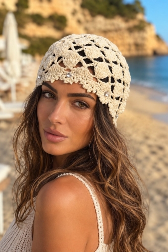Czapka damska beżowa boho z ażurowym wzorem w romby i cyrkoniami Roddino