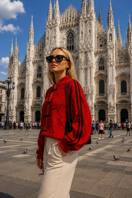 Czerwona kurtka koronkowa damska Villalvernia z lampasami i rękawem kimono