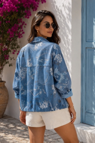 Kurtka damska denim blue w białe kwiaty z cienkiego jeansu na guziki Tiriolo