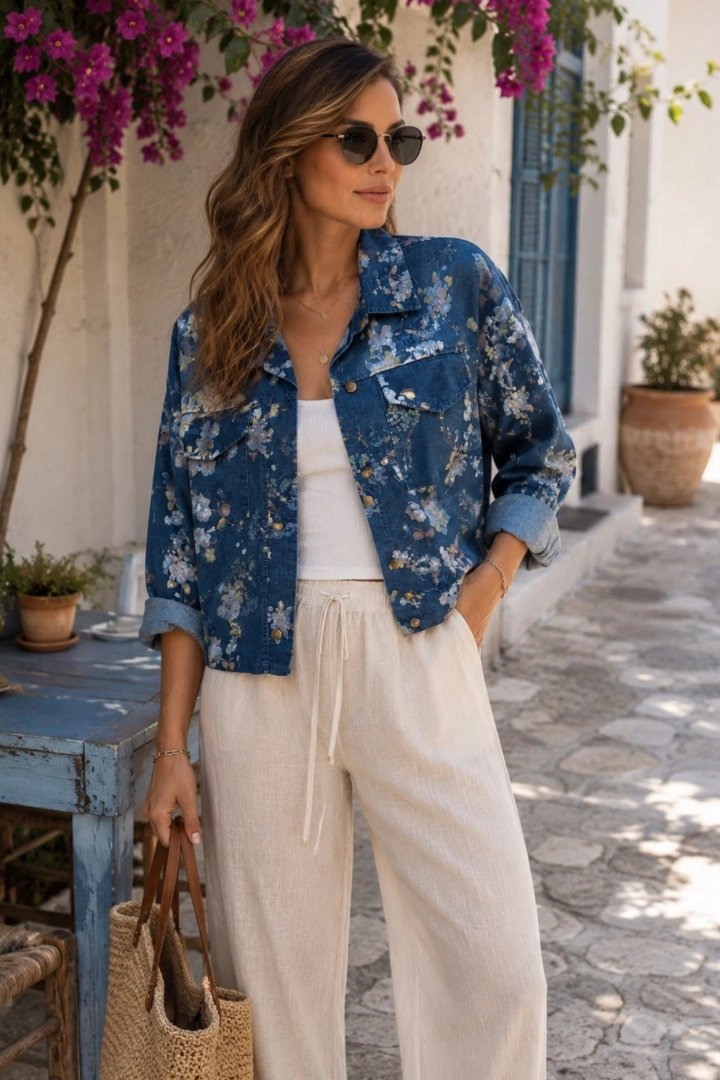 Kurtka damska dark denim blue z cienkiego jeansu w drobne kwiaty Tiriolo