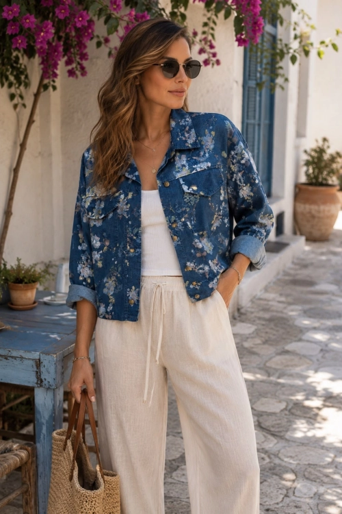 Kurtka damska dark denim blue z cienkiego jeansu w drobne kwiaty Tiriolo