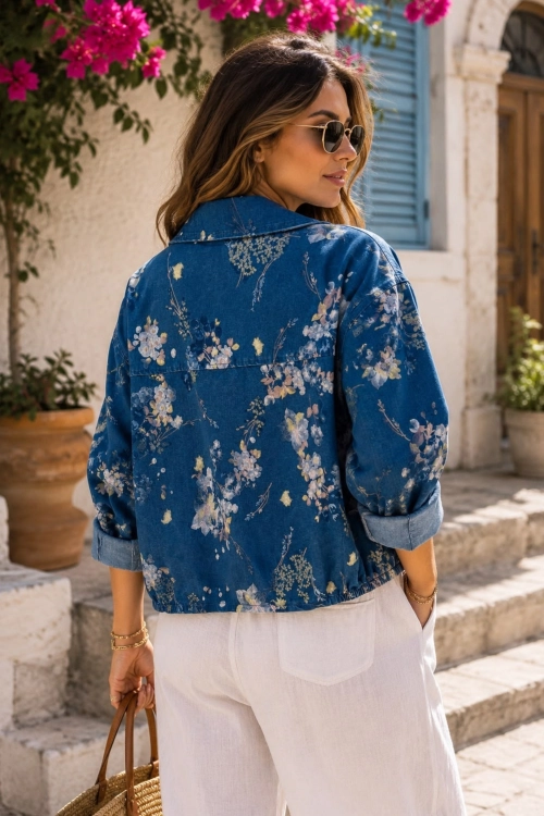 Kurtka jeansowa dark denim blue w drobne kwiaty Tiriolo