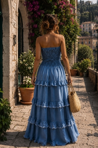 Denim blue sukienka maxi z cienkiego jeansu falbany regulowane ramiączka strzępienia Granieri